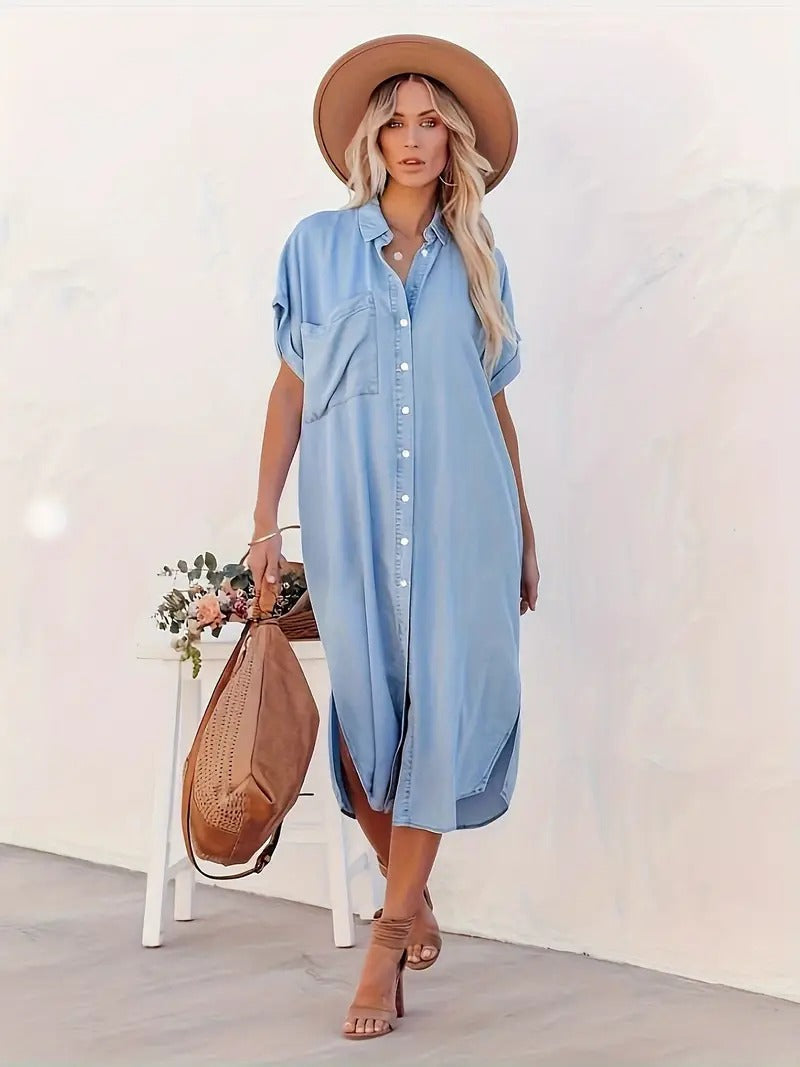 Denim Collar Button Front Short Sleeve Pocket Midi Shirt Dress - View 4