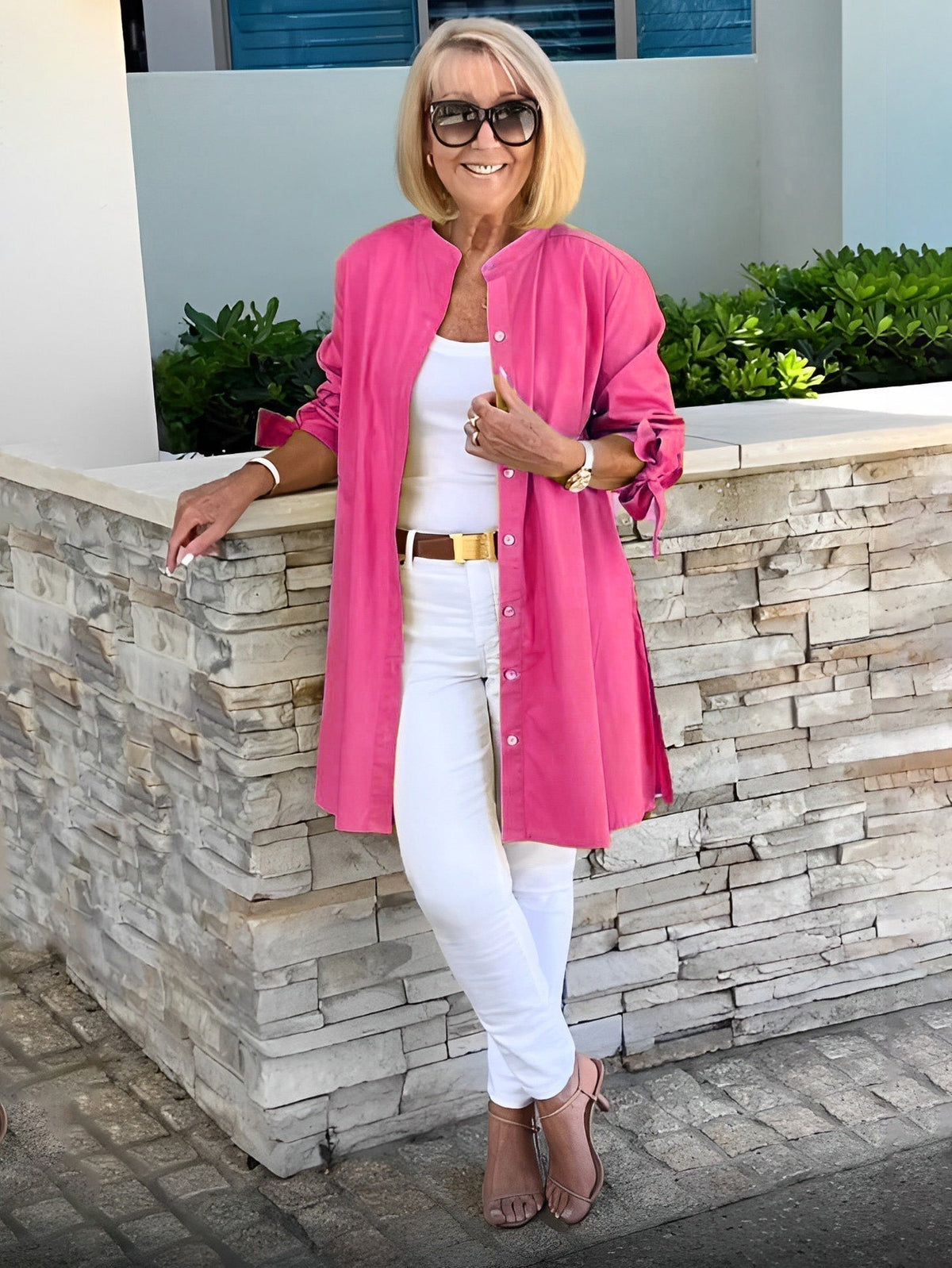 Band Collar Roll Sleeve Button Longline Shirt Jacket 7