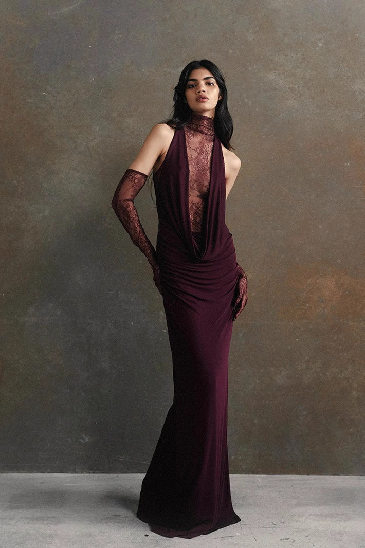 Halter Neck Sheer Lace Panel Backless Bodycon Maxi Dress - View 2