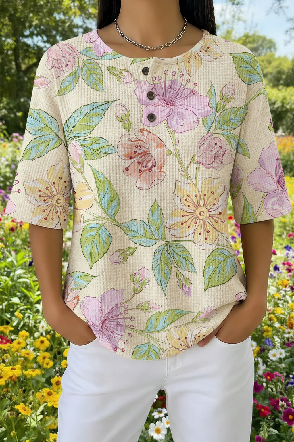 Watercolor Floral Waffle Knit Short Sleeve Henley Top