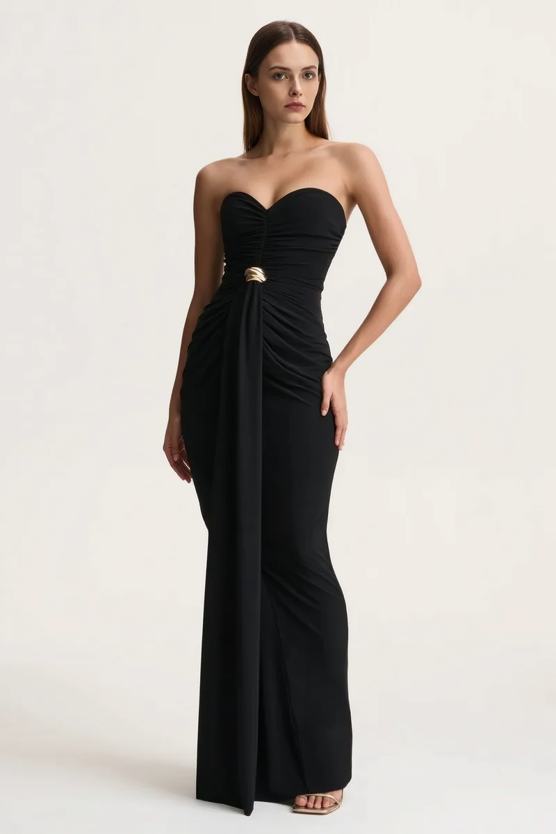 Sleeveless Ruched Waist Cinched Sash Strapless Party Dress