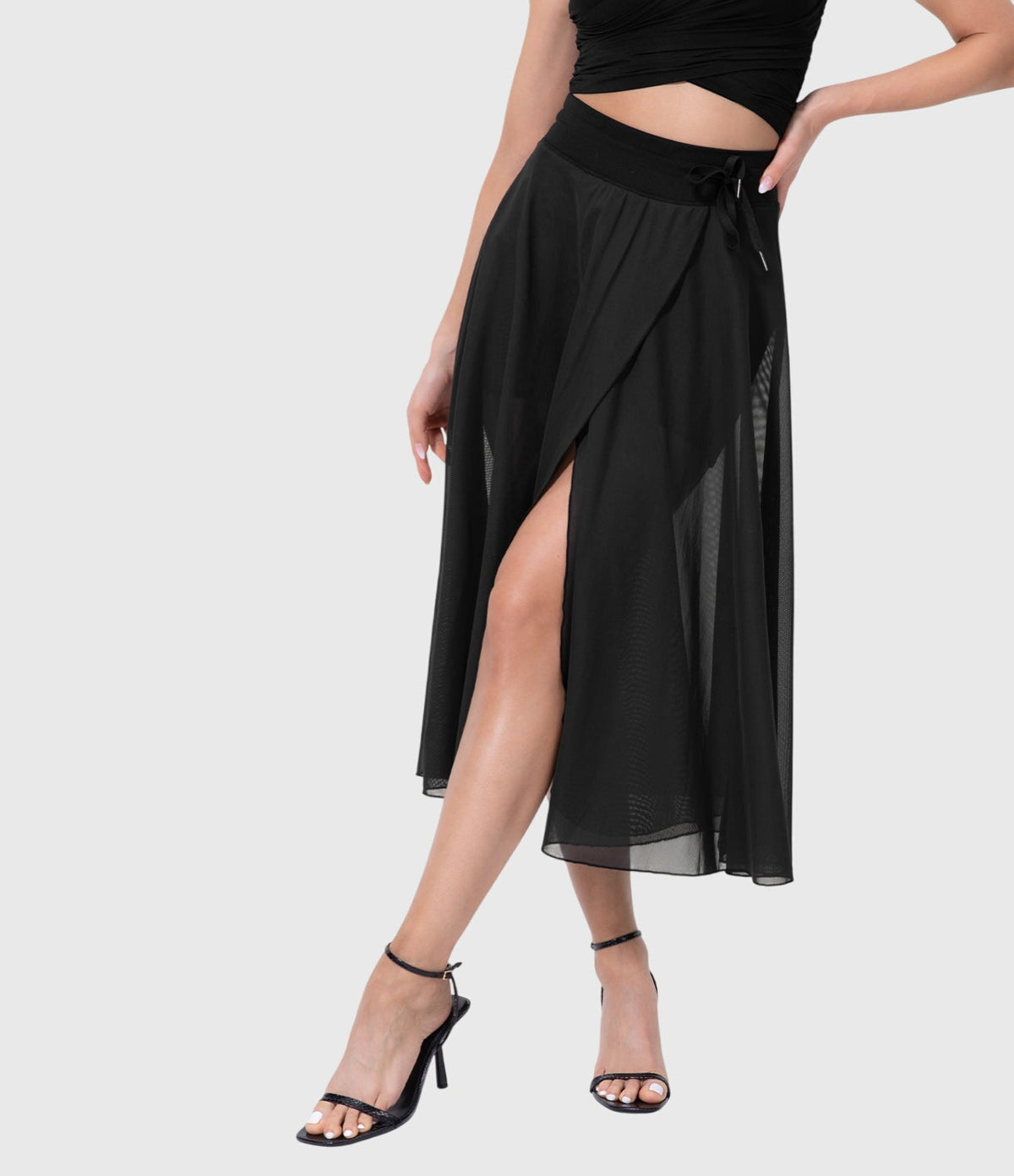 High Waist Drawstring Front Slit A-Line Midi Skirt 18