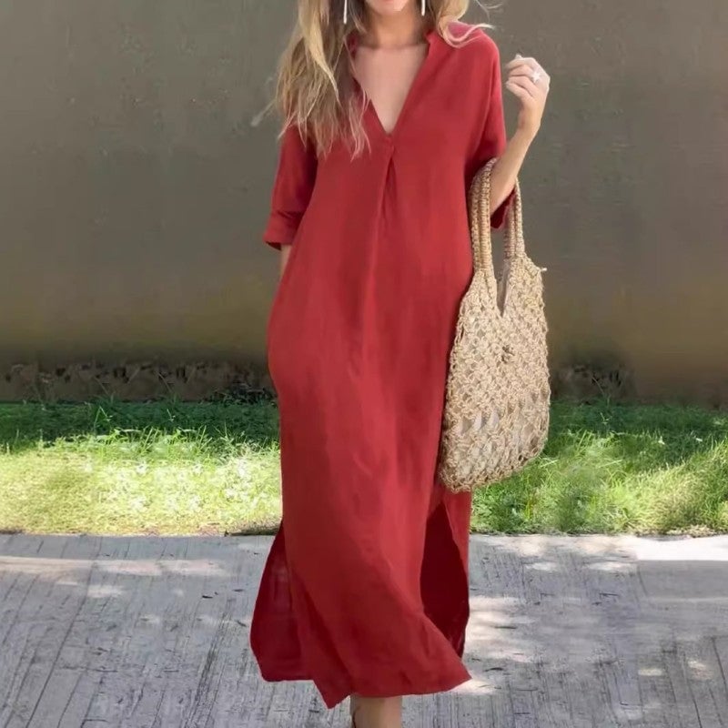 Collared V-Neck Short Sleeve High Split Maxi Dress Summer 3