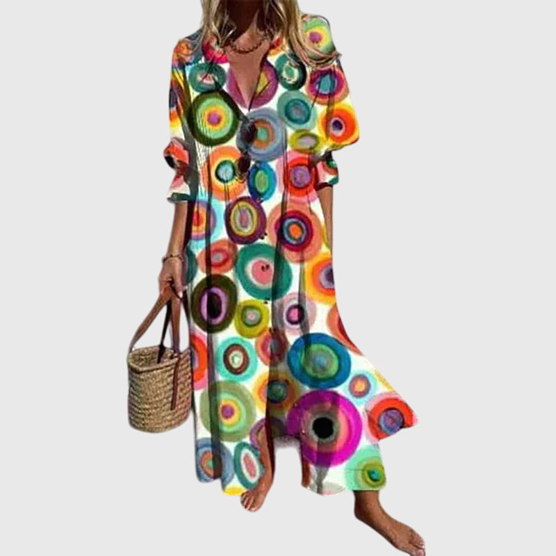 Watercolor Floral Print Split Neck Long Sleeve Maxi Dress 7