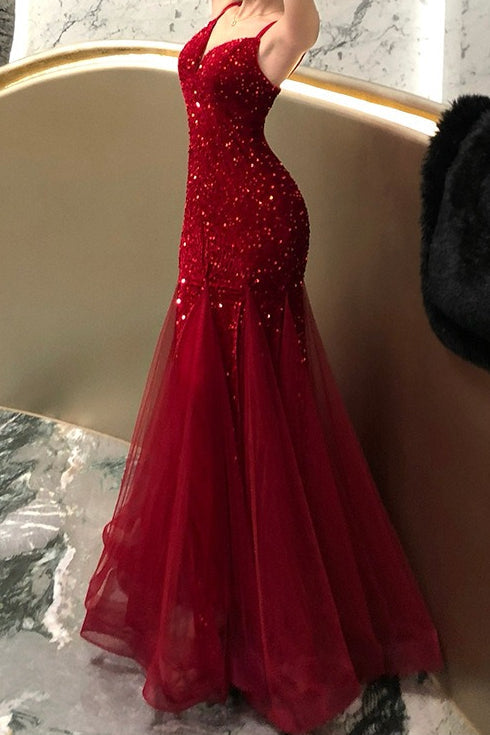 Sequin Sweetheart Spaghetti Strap Tulle Mermaid Maxi Gown - View 6