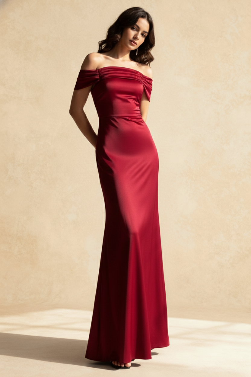Satin Off Shoulder Pleated Ruched A-Line Maxi Dress - View 3