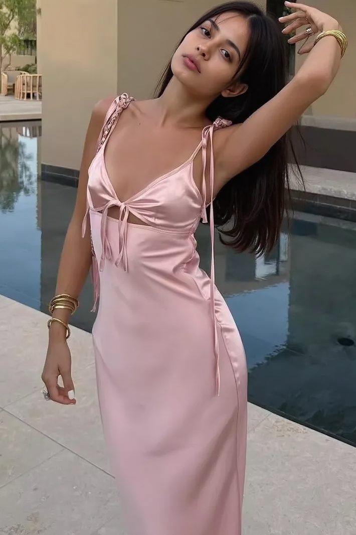 Satin Tie Front Deep V-Neck Cut Out Tie Shoulder Strap Slip Maxi Dress - View 3