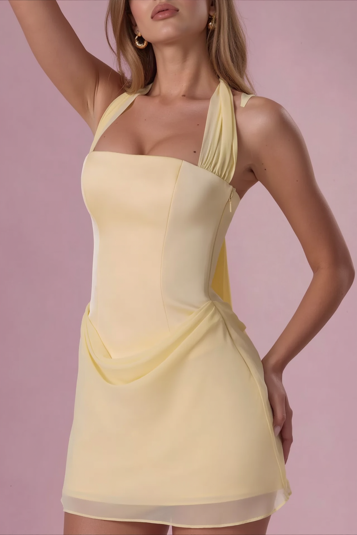 Chiffon Halter Neck Draped Bodycon Mini Dress - View 4
