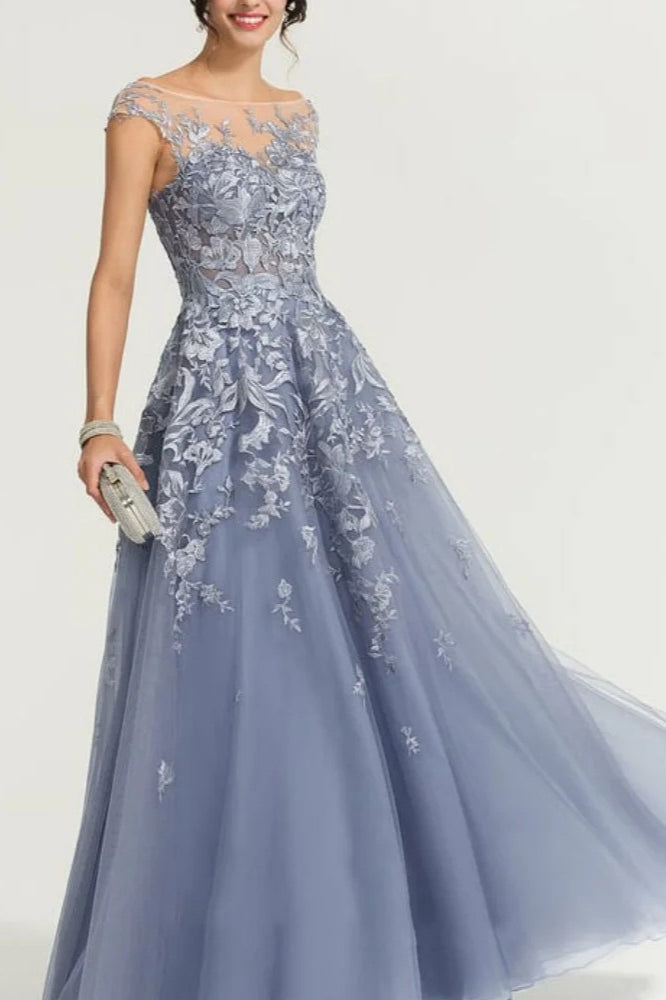 Lace Illusion Neck Cap Sleeve Tulle A-Line Prom Dress - View 3