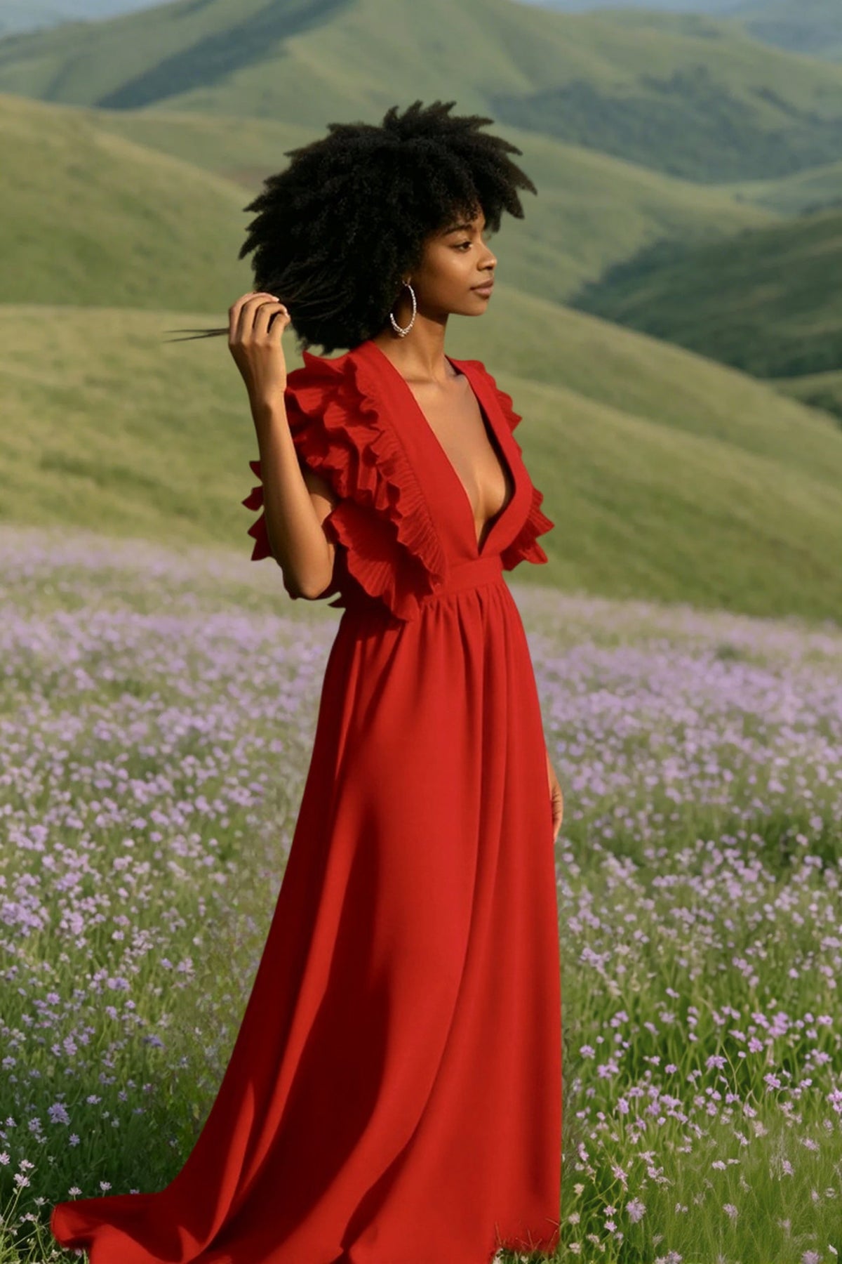 Deep V-Neck Ruffle Sleeve Pleated A-Line Maxi Dress 3