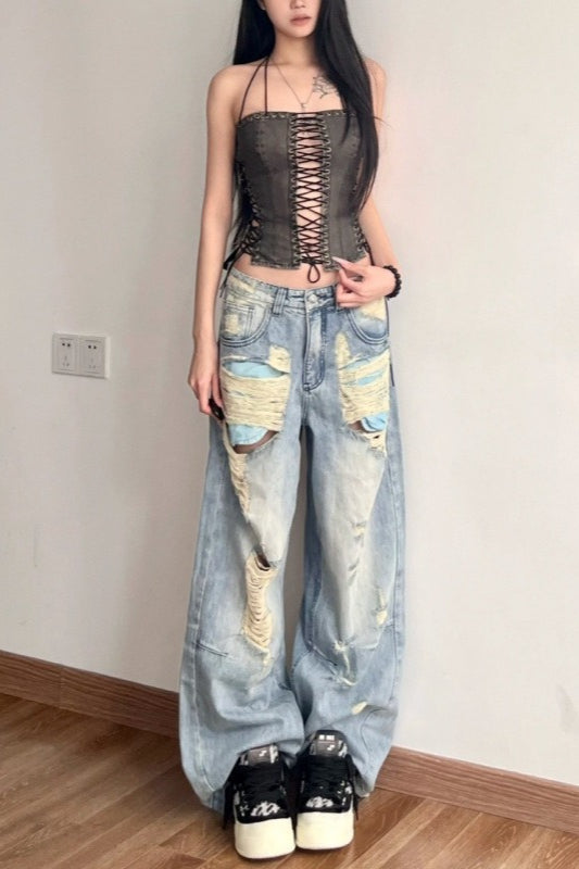 Low-Rise Distressed Wide-Leg Denim Jeans