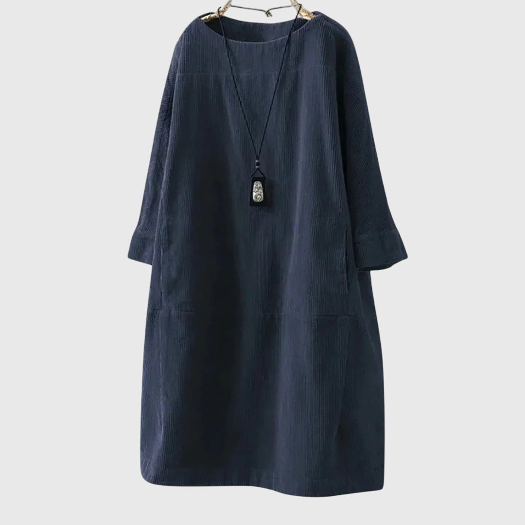 Corduroy Round Neck Long Sleeve Pocket Midi Dress 6
