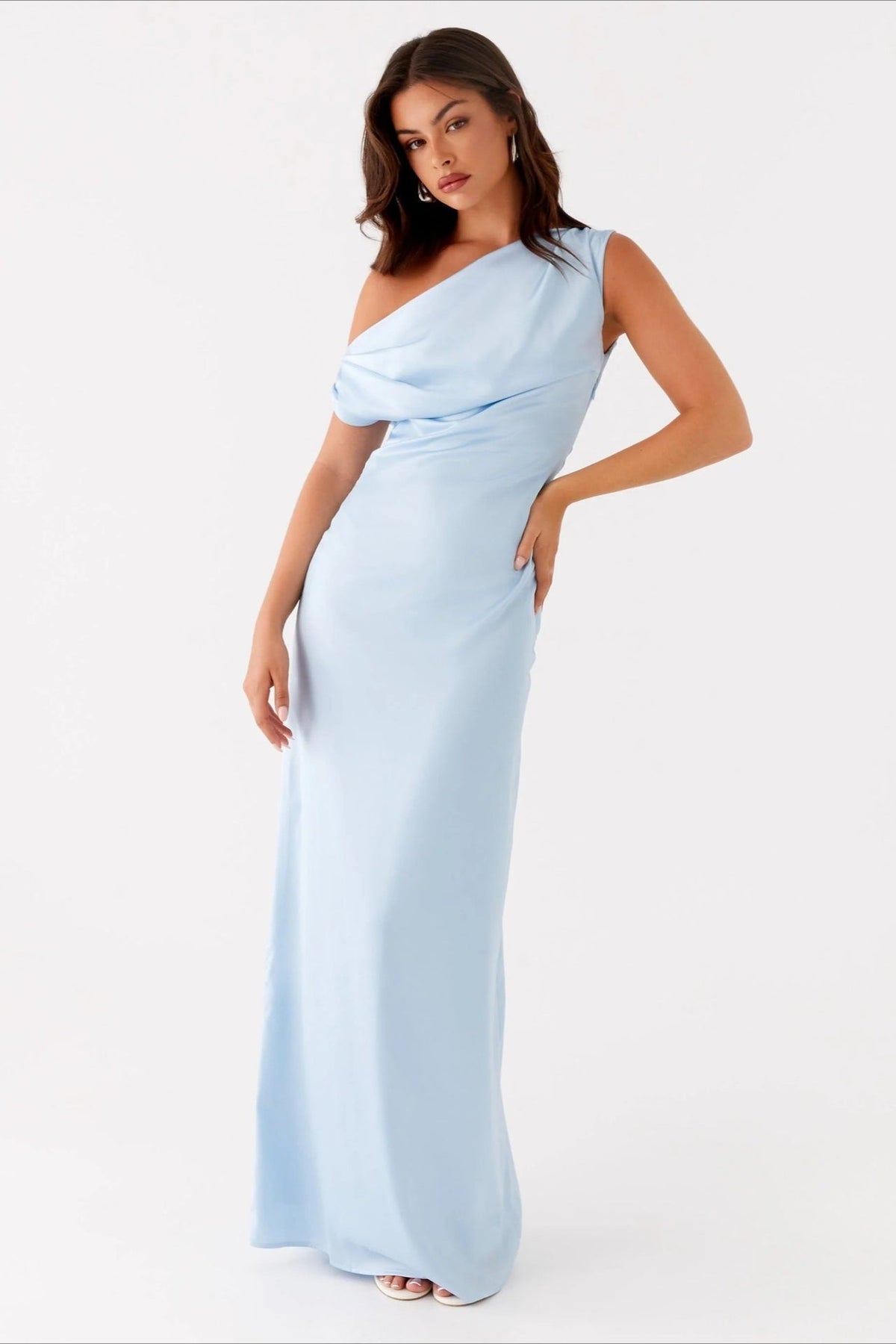 Satin Asymmetric One Shoulder Ruched Maxi Gown - View 3
