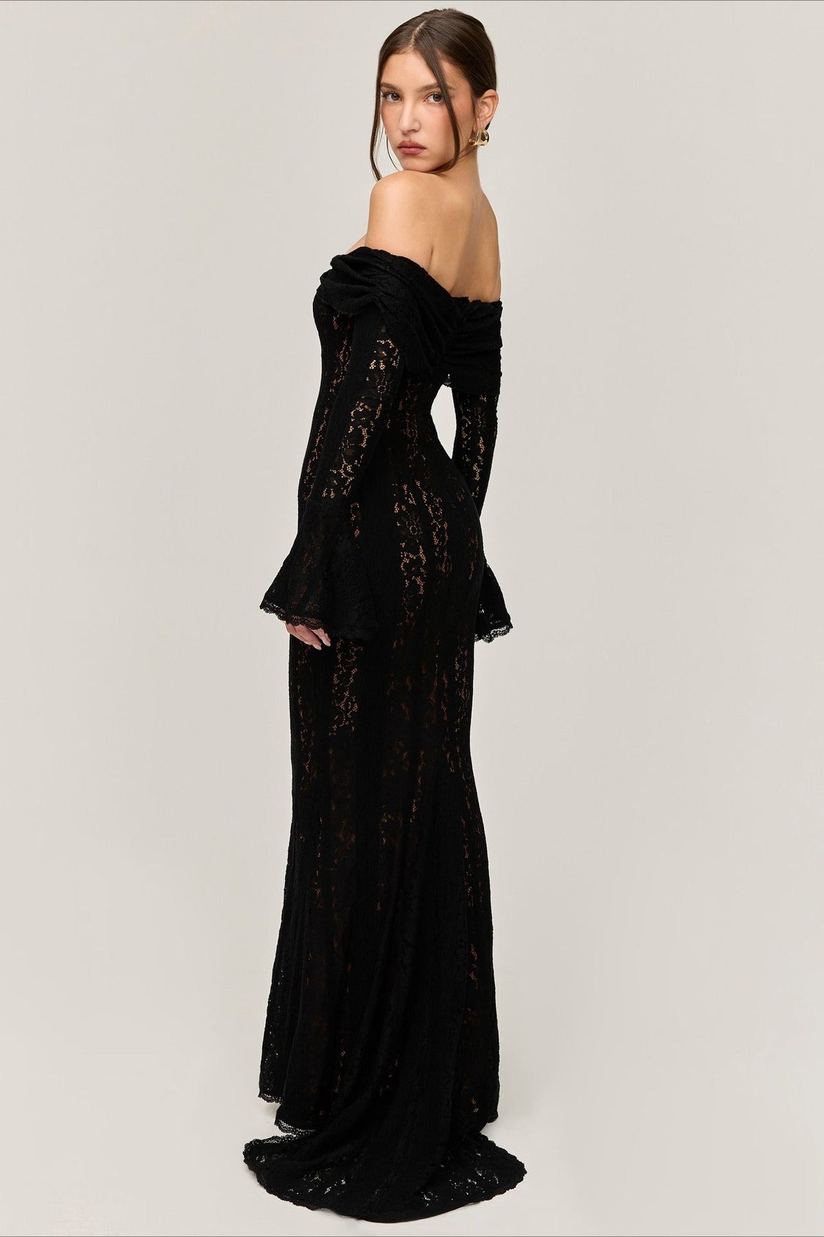 Lace Off Shoulder Long Sleeve Sheer Mermaid Maxi Dress - View 5