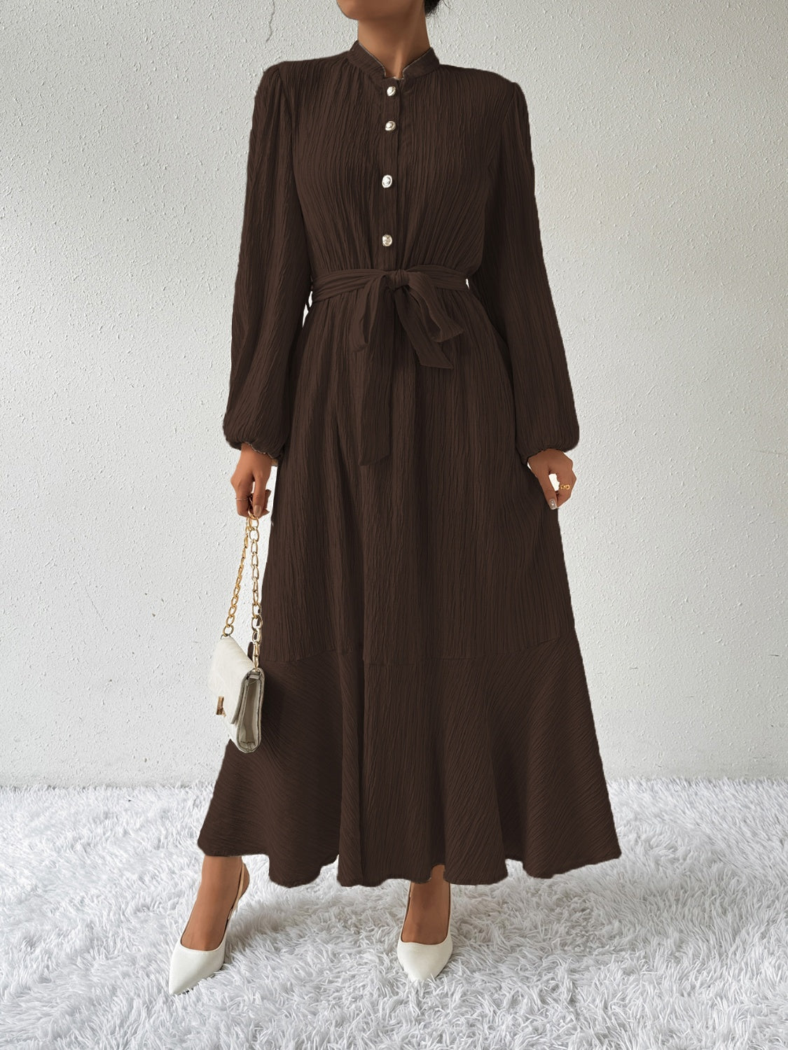 Plisse Mandarin Collar Button Front Bishop Sleeve Tie Waist Tiered Maxi Dress - View 4