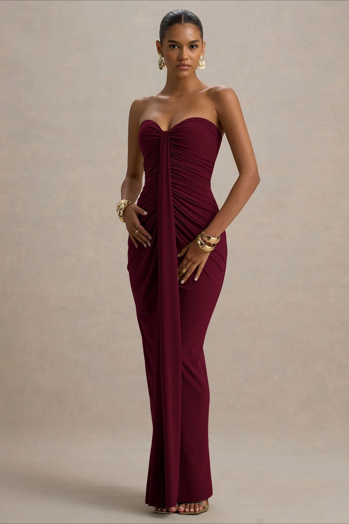 Strapless Sweetheart Ruched Center Drape Panel Column Maxi Formal Gown - View 3