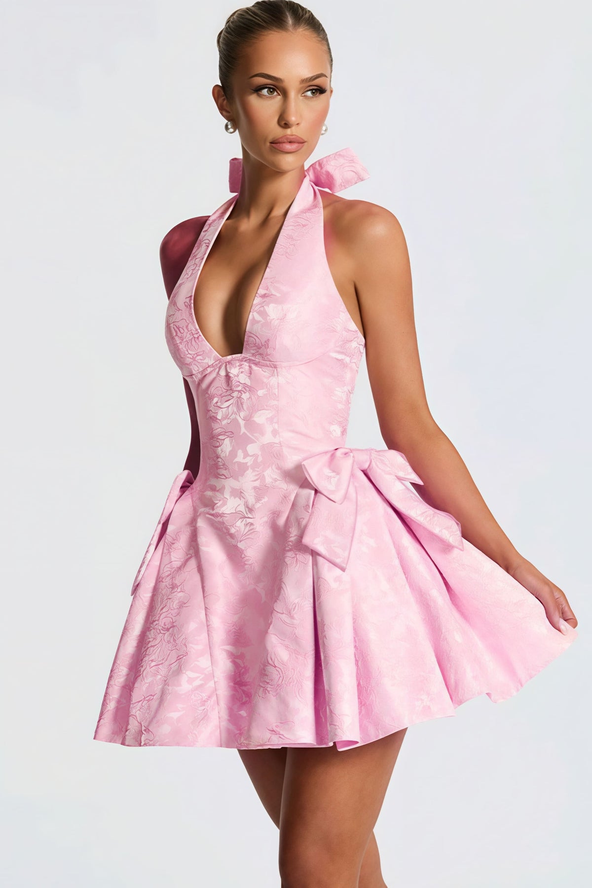 Jacquard Halter Deep V-Neck Bow Fit and Flare Mini Dress in Pink - View 6