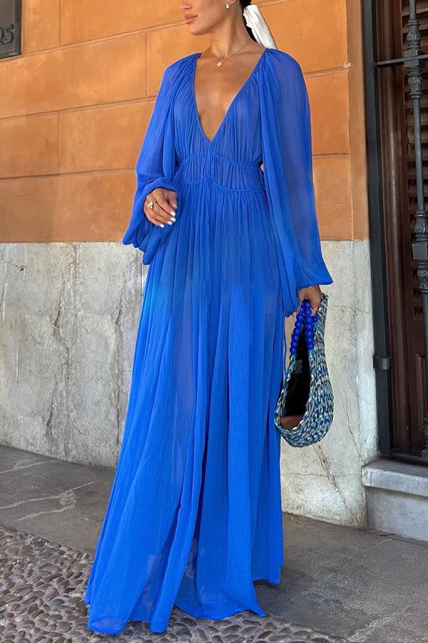 Rita Blue Gem Chiffon Ruched Waist Maxi Dress