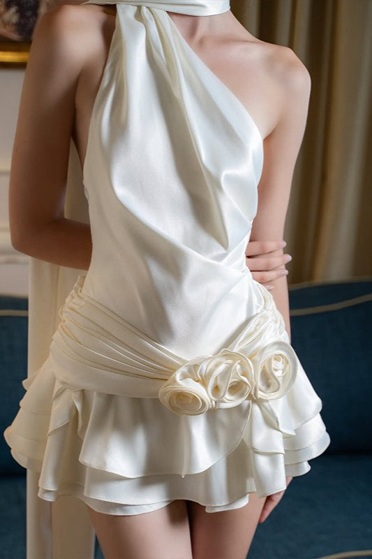 Satin One Shoulder Cowl Draped Rosette Waist Mini Cocktail Dress - View 5