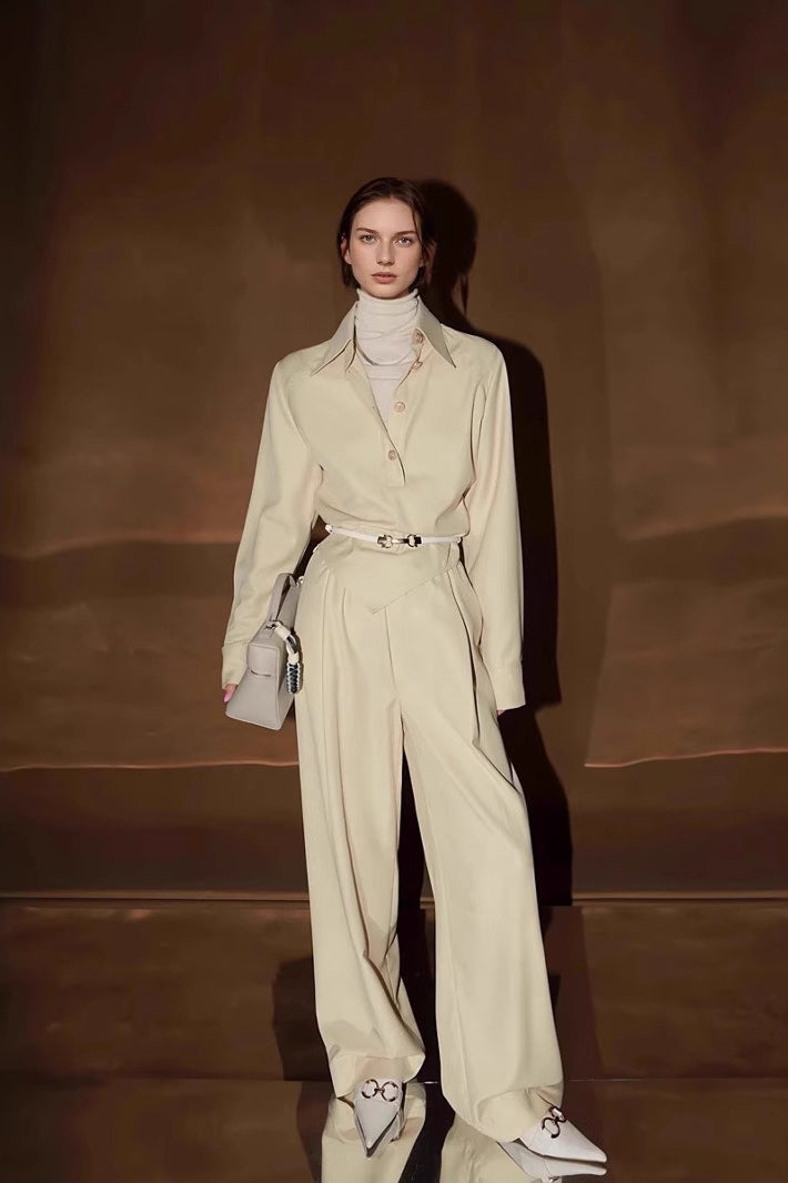Petite Contrast Elastic Waist Shirt Wide Leg Pants