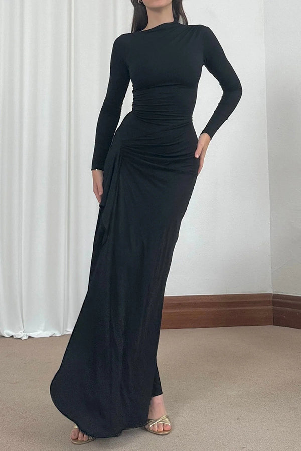 Venus Long Sleeve Ruched Side Slit Drape Ruffles Back Maxi Dress - View 3
