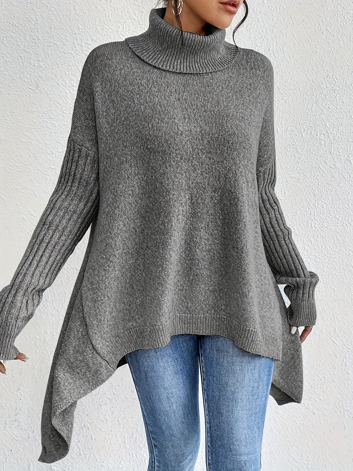 Turtleneck Drop Shoulder High Low Split Hem Oversized Sweater 12