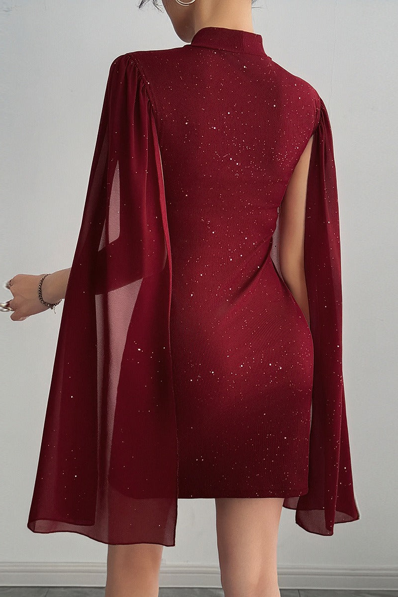 Rhinestone Mock Neck Cape Sleeve Bodycon Mini Cocktail Dress - View 4