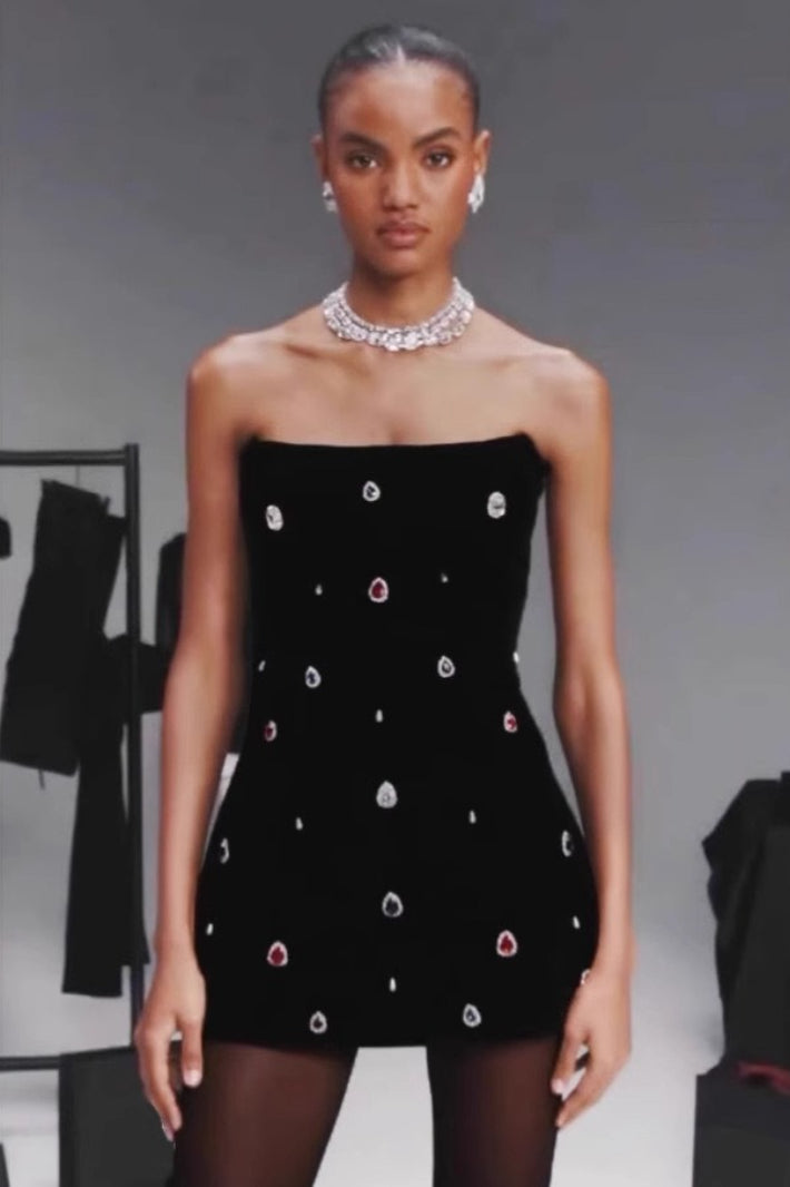 Velvet Strapless Crystal Embellished Bodycon Mini Dress - View 3