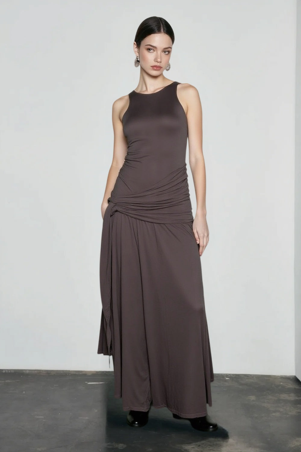 Paneled Sash Ruffled Solid Party Dress