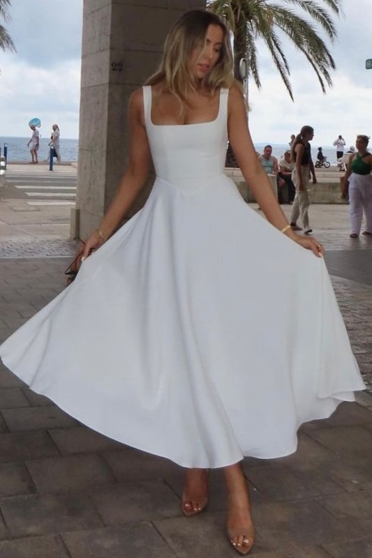 Square Neck Sleeveless Basque Waist A-Line Midi Cocktail Dress