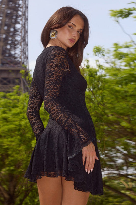V Neck Bell Sleeve Pleated Mini Lace Dress - View 4