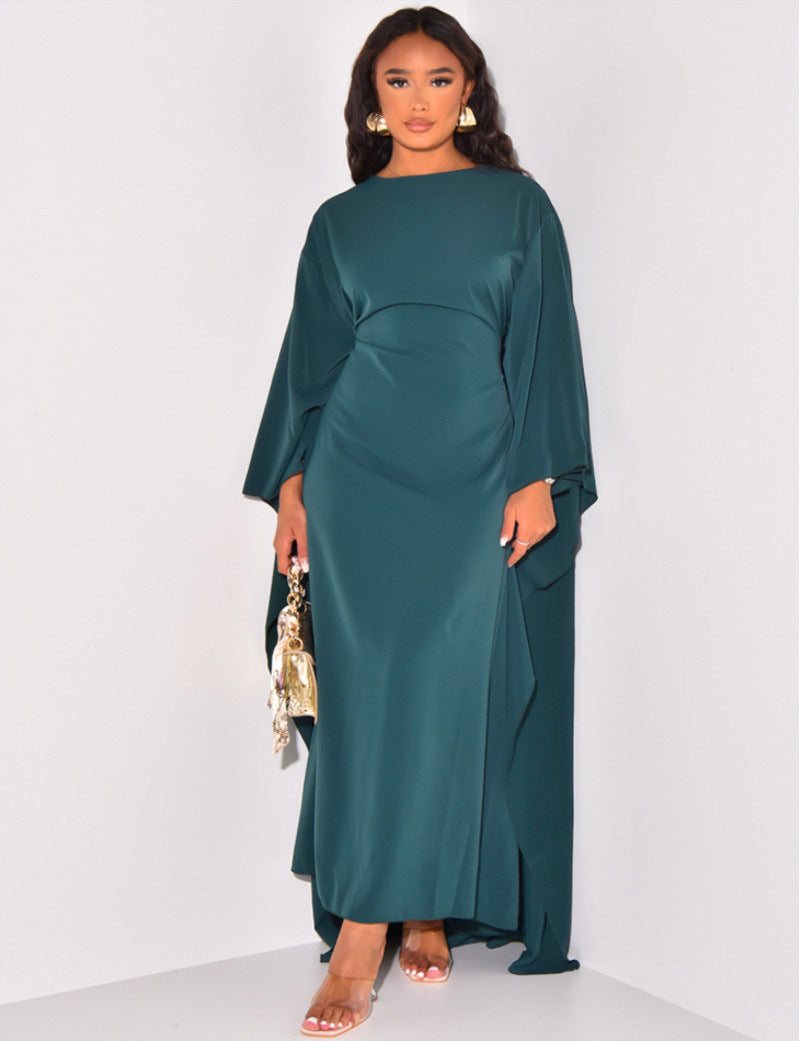 Pleated Satin Wide Sleeve High Neck Loose Kaftan Maxi Gown - View 4