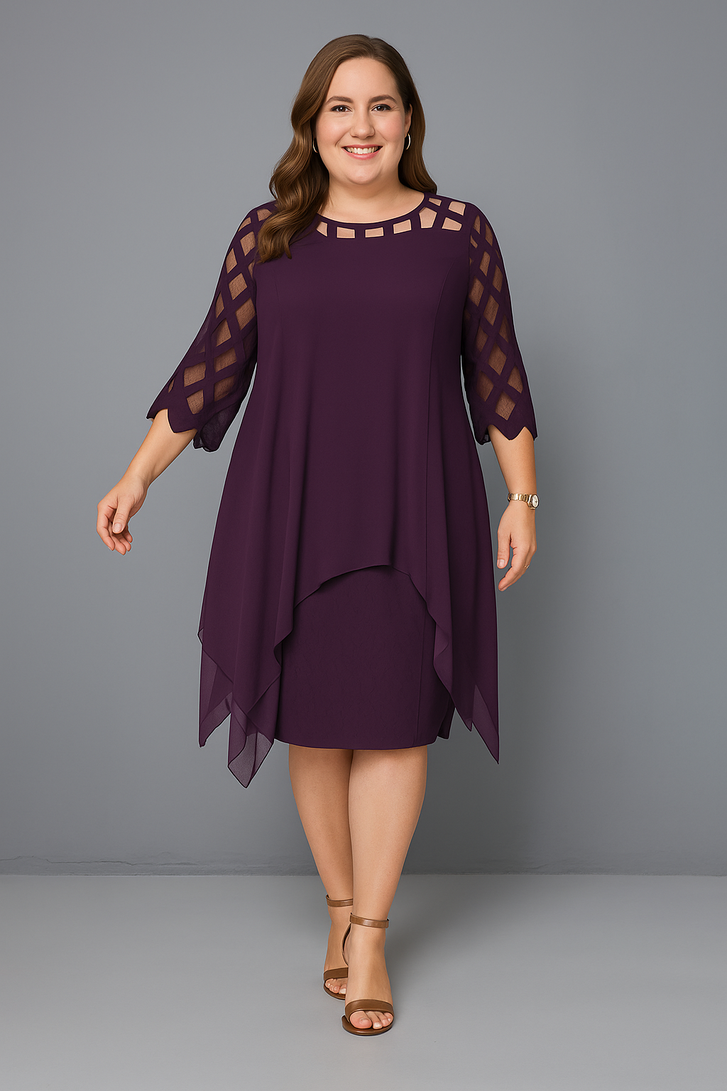 Lattice Cutout Yoke Chiffon Overlay Handkerchief Hem Dress