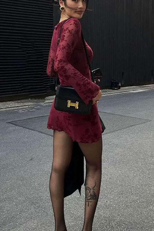 Floral Mesh Boat Neck Long Sleeve Bodycon Mini Dress - View 5