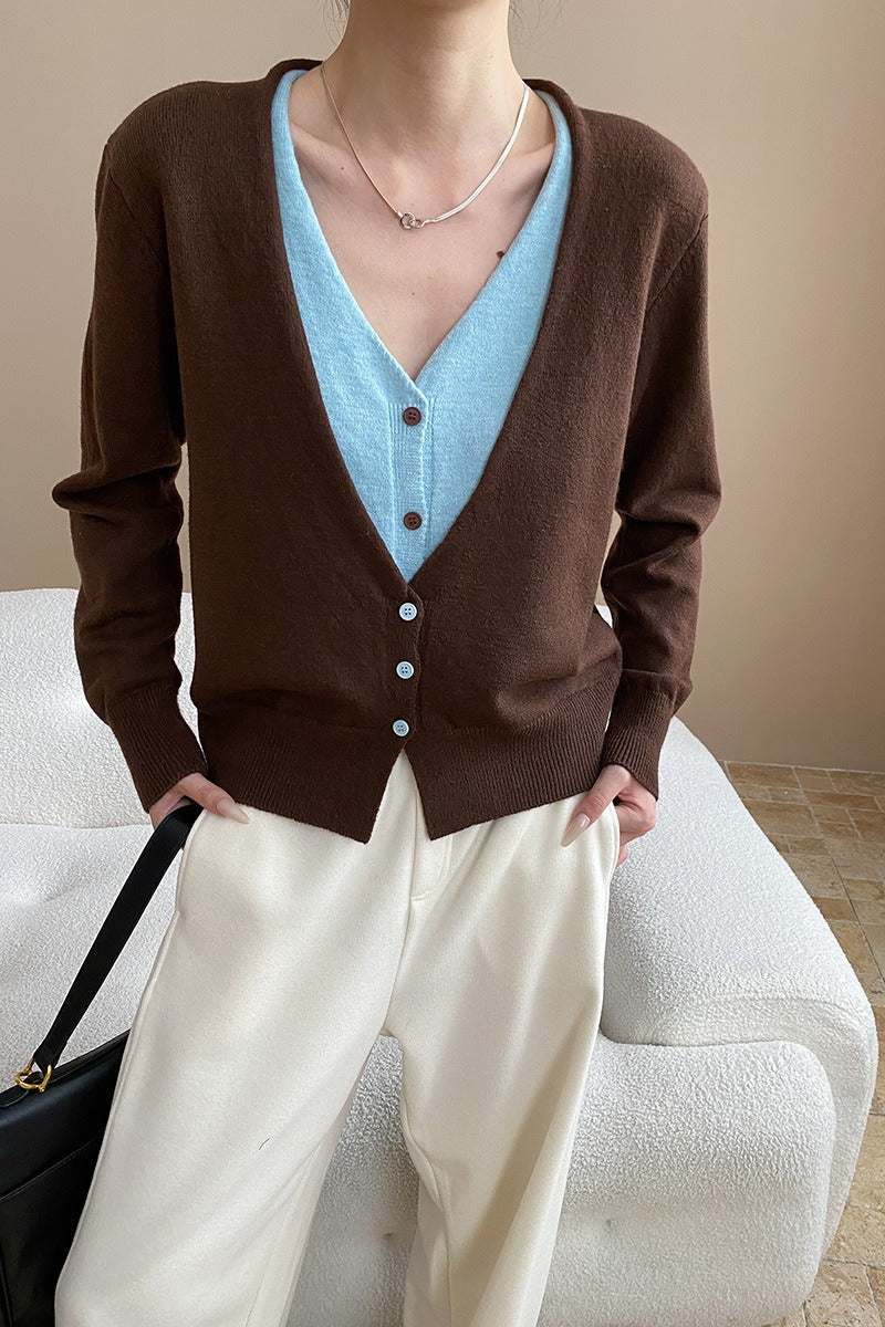 Two-Tone V-Neck Cardigan Brown / One Size