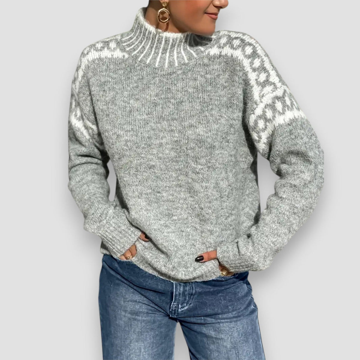 Fair Isle Yoke Mock Neck Long Sleeve Sweater