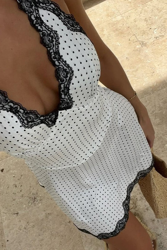Backless Halter Deep V-Neck Lace Mini Dress