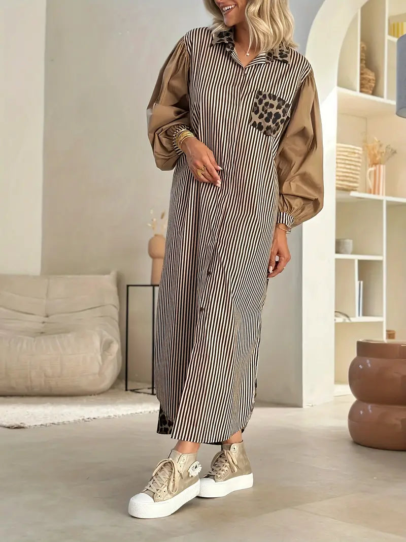 Leopard Print Collar Pocket Bishop Sleeve Pinstripe Midi Shirt Dress - View 3