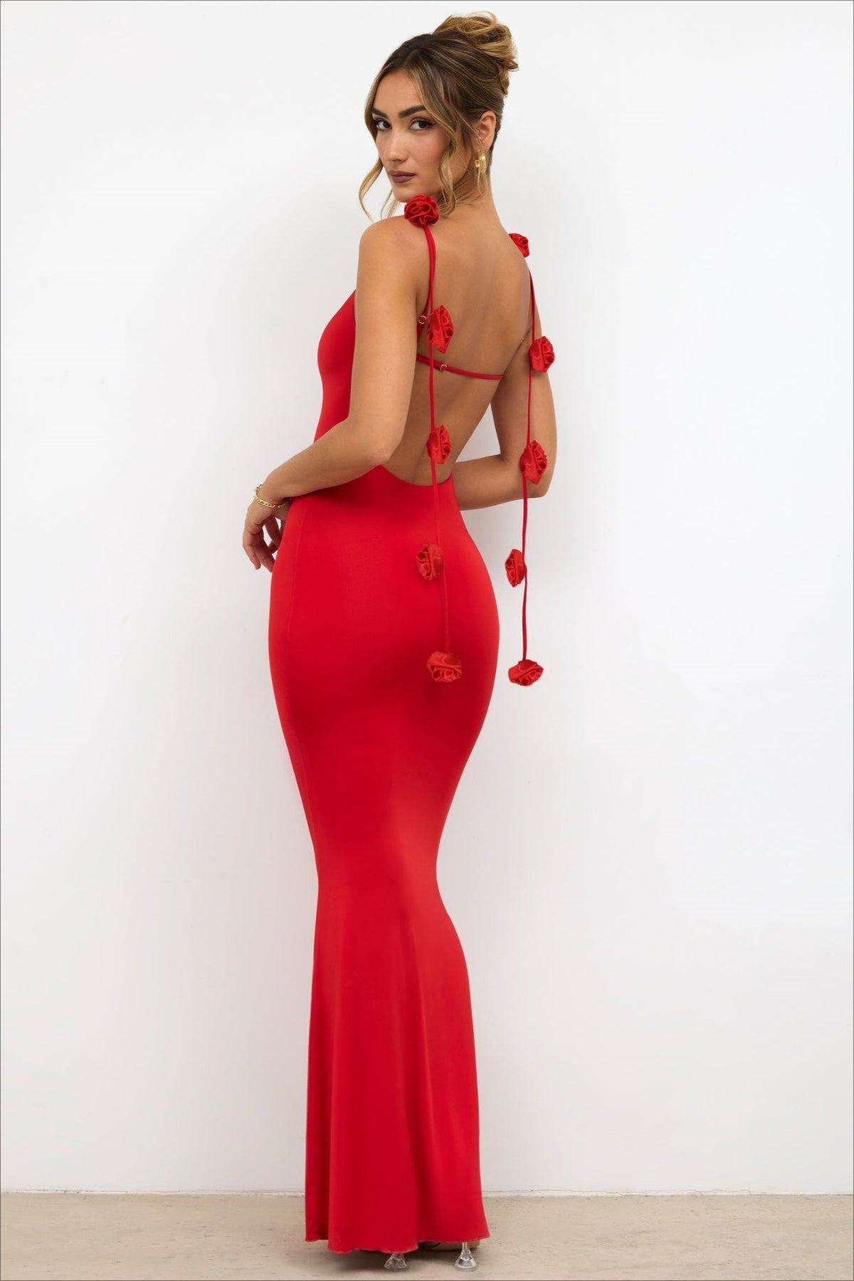 3D Floral Strappy Backless Mermaid Maxi Gown - View 4