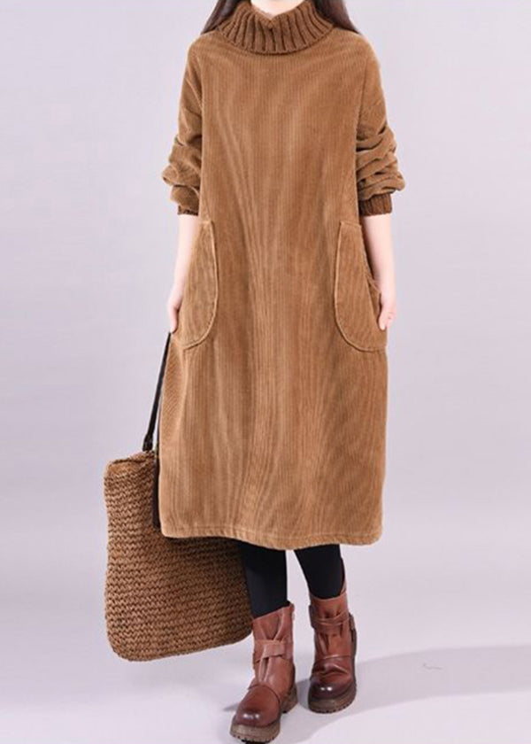 Corduroy Turtleneck Long Sleeve Patch Pocket Loose Shift Midi Dress - View 3