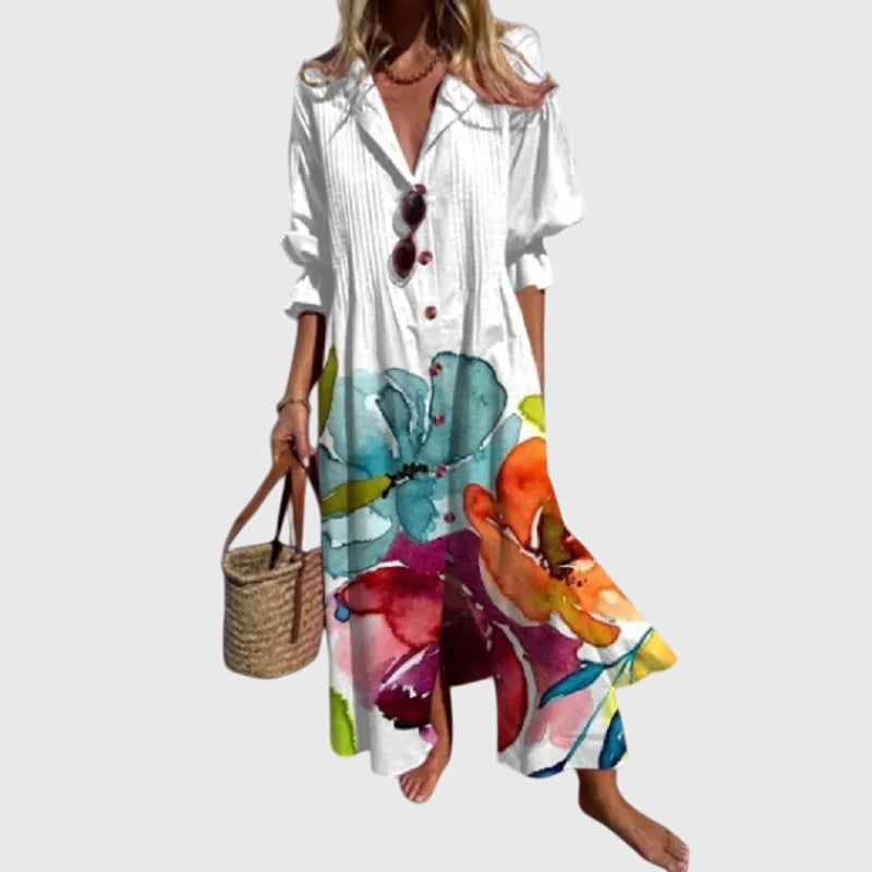Watercolor Floral Print Split Neck Long Sleeve Maxi Dress 8