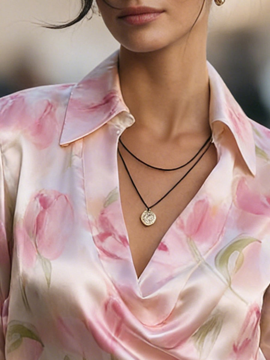 Floral Print Satin Collared Long Sleeve Blouse 3