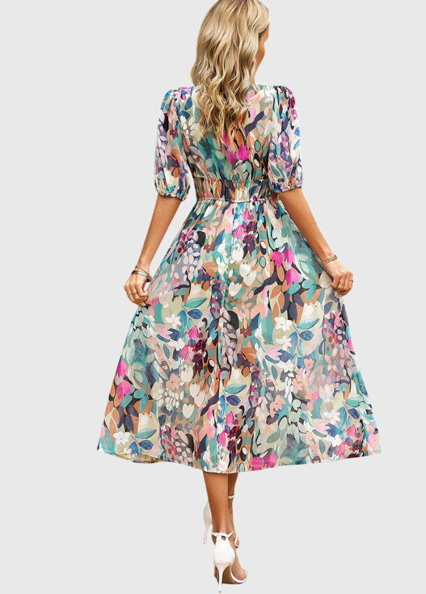 Floral Print Deep V-Neck Puff Sleeve High Waist Maxi Dress 2