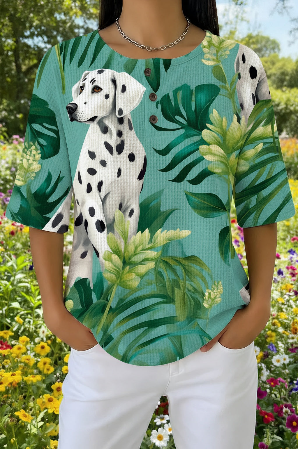 Dalmatian Tropical Leaf Print Waffle Knit Henley Top
