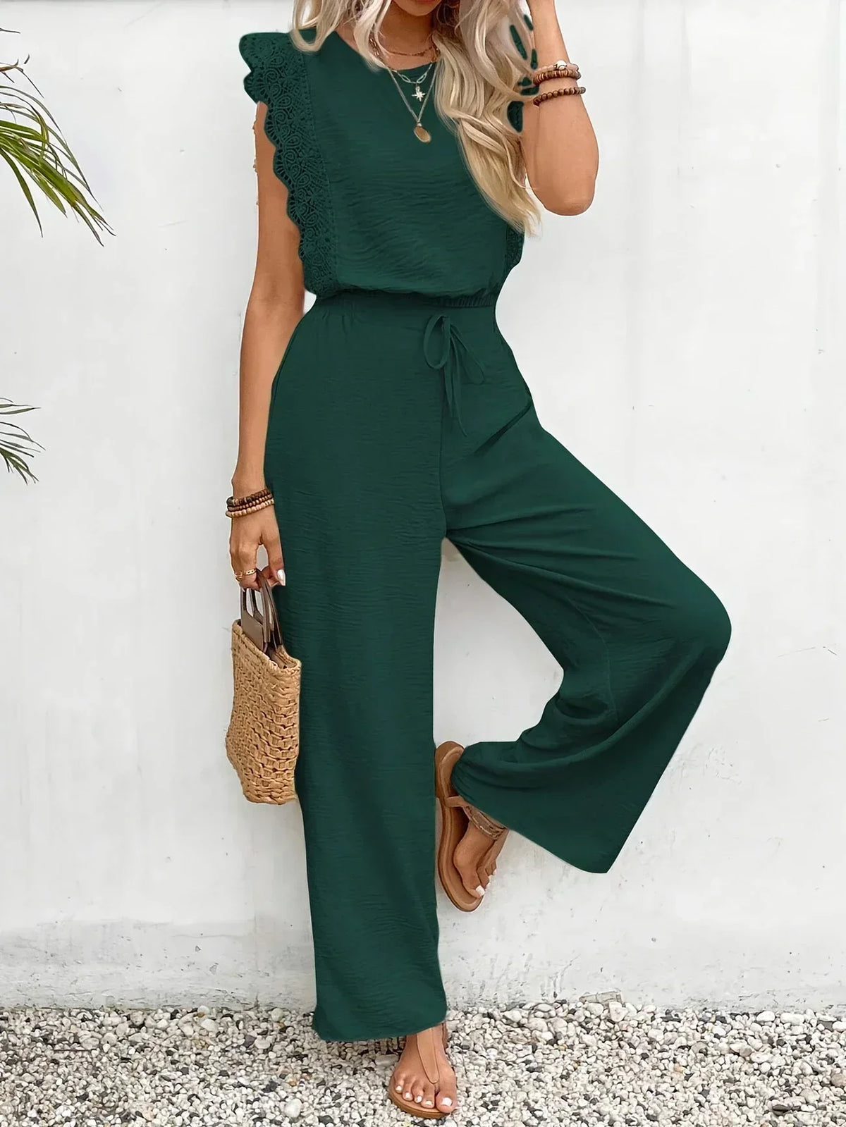 Round Neck Lace Trim Sleeveless Wide Leg Jumpsuit 16