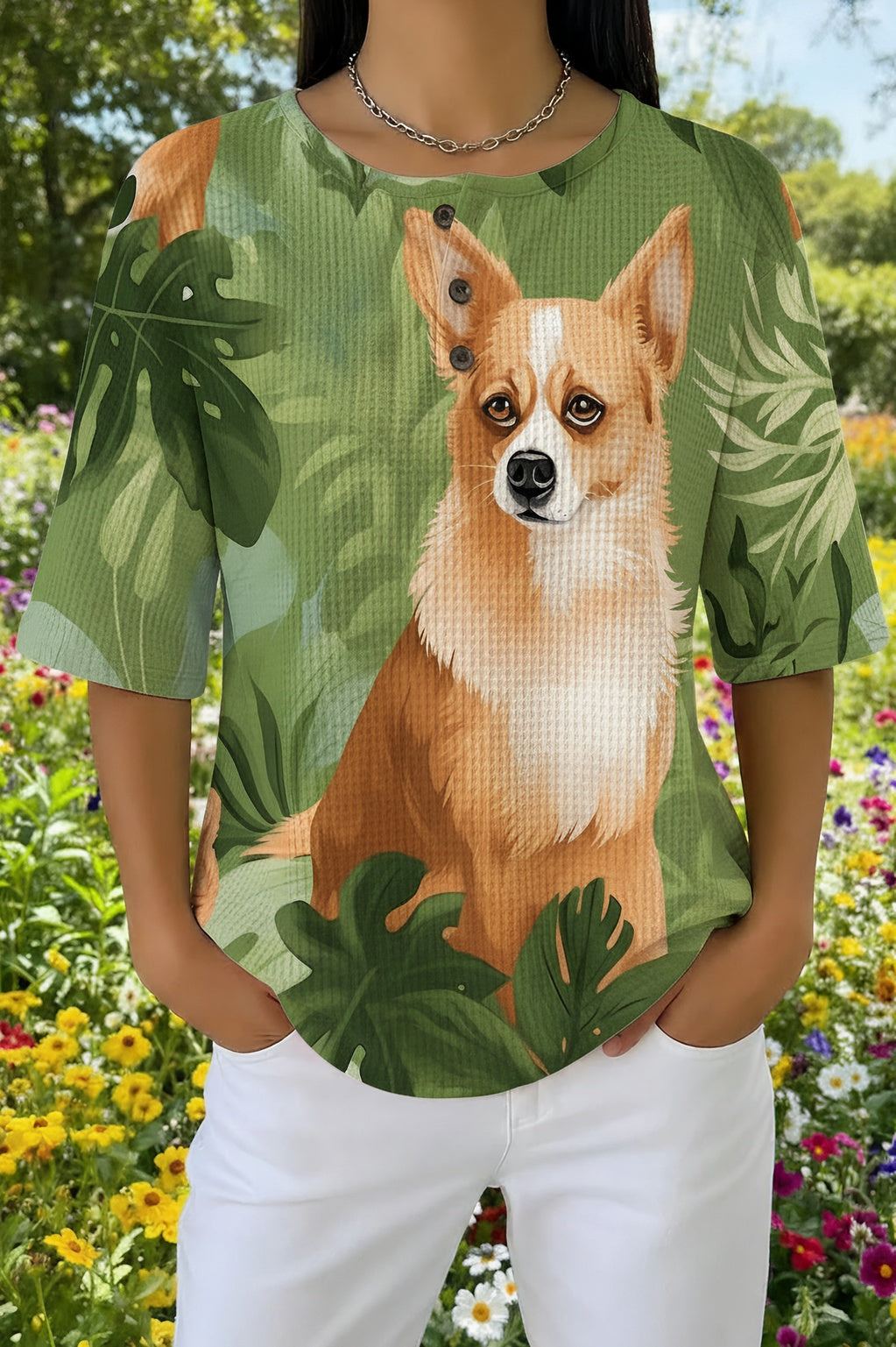 Corgi Print Henley Neck Short Sleeve Waffle Knit Top