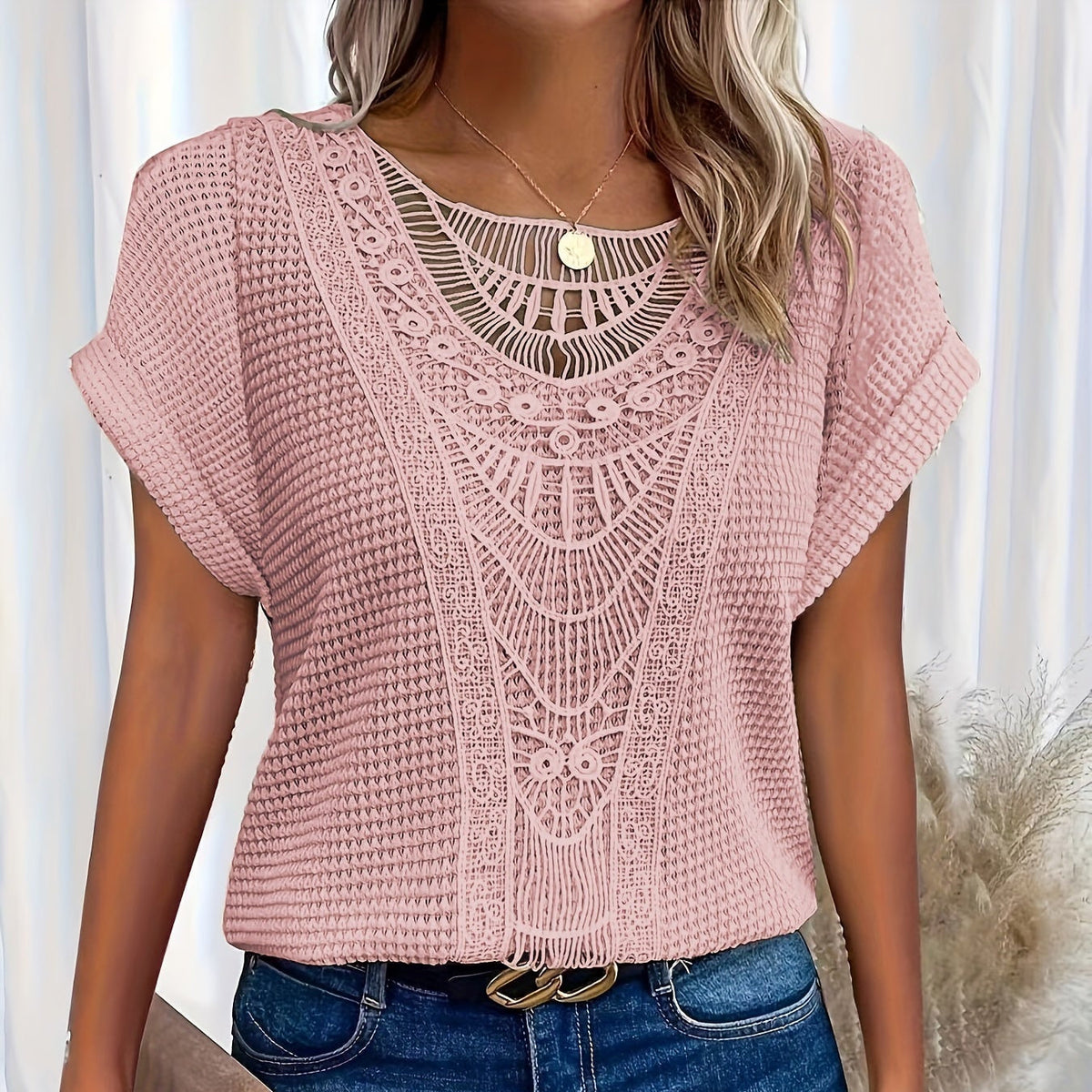 Crochet Lace Panel Round Neck Short Sleeve Waffle Knit Top 5