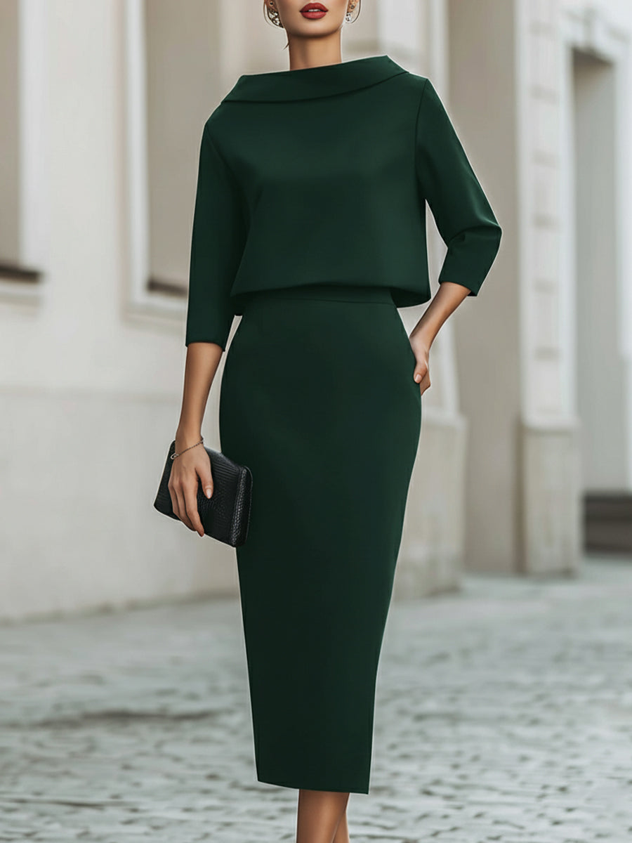 Cowl Neck Top and Straight Midi Skirt Two Piece Set 12
