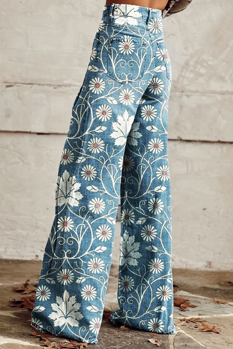 Floral Print High Waist Wide Leg Jeans 2