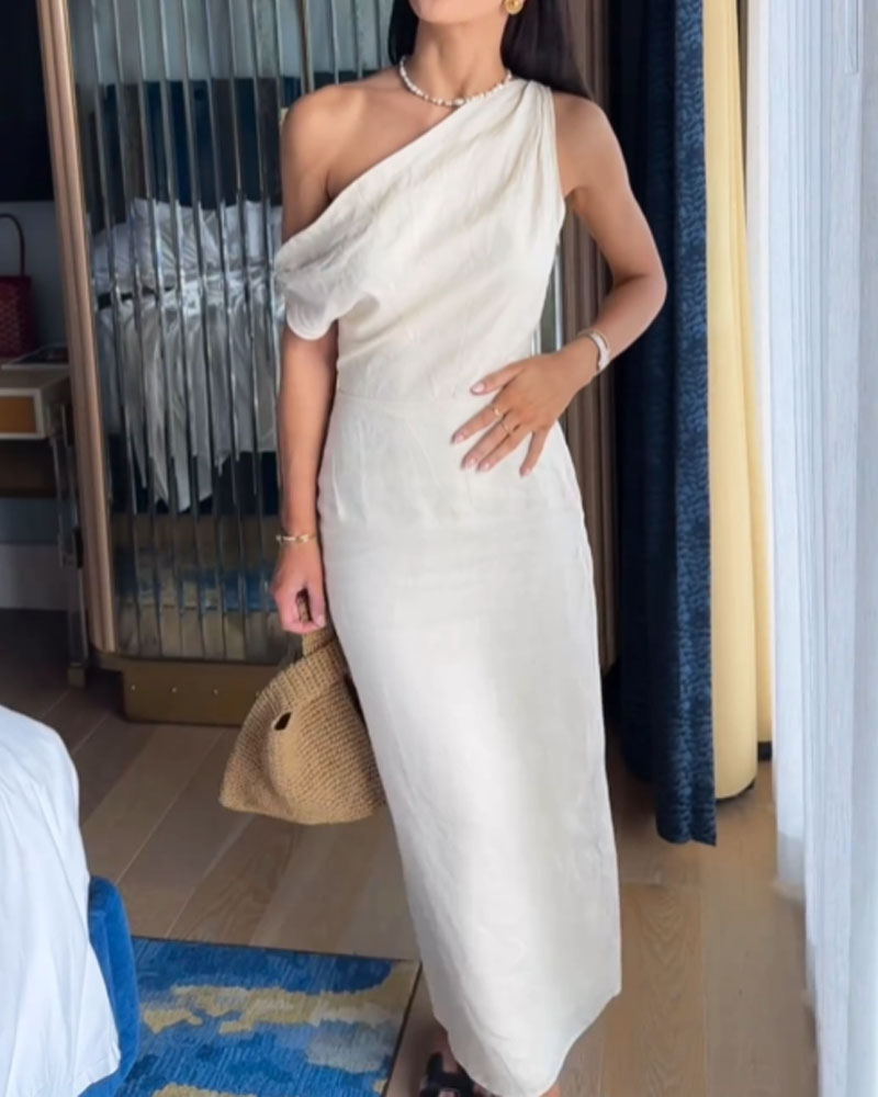 One Shoulder Draped Column Maxi Summer Dress - View 10